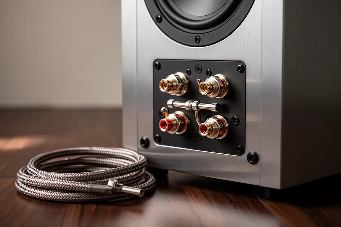 Dual nickel-plated binding posts on a speaker rear panel with coiled speaker cable