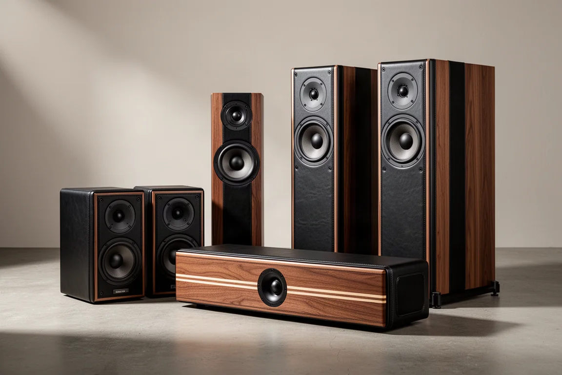 Five hi-fi speakers with black leather cabinets and walnut baffles on a concrete surface