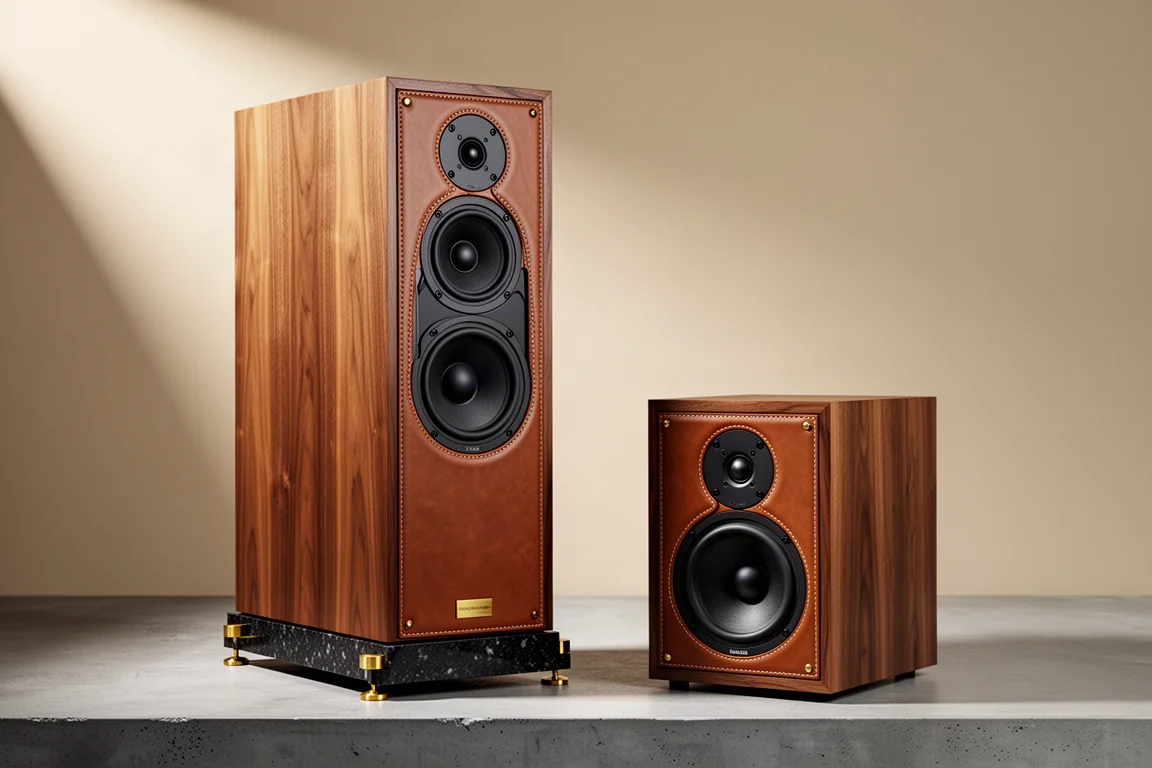 Floorstanding and bookshelf hi-fi speakers in walnut and leather on a concrete surface