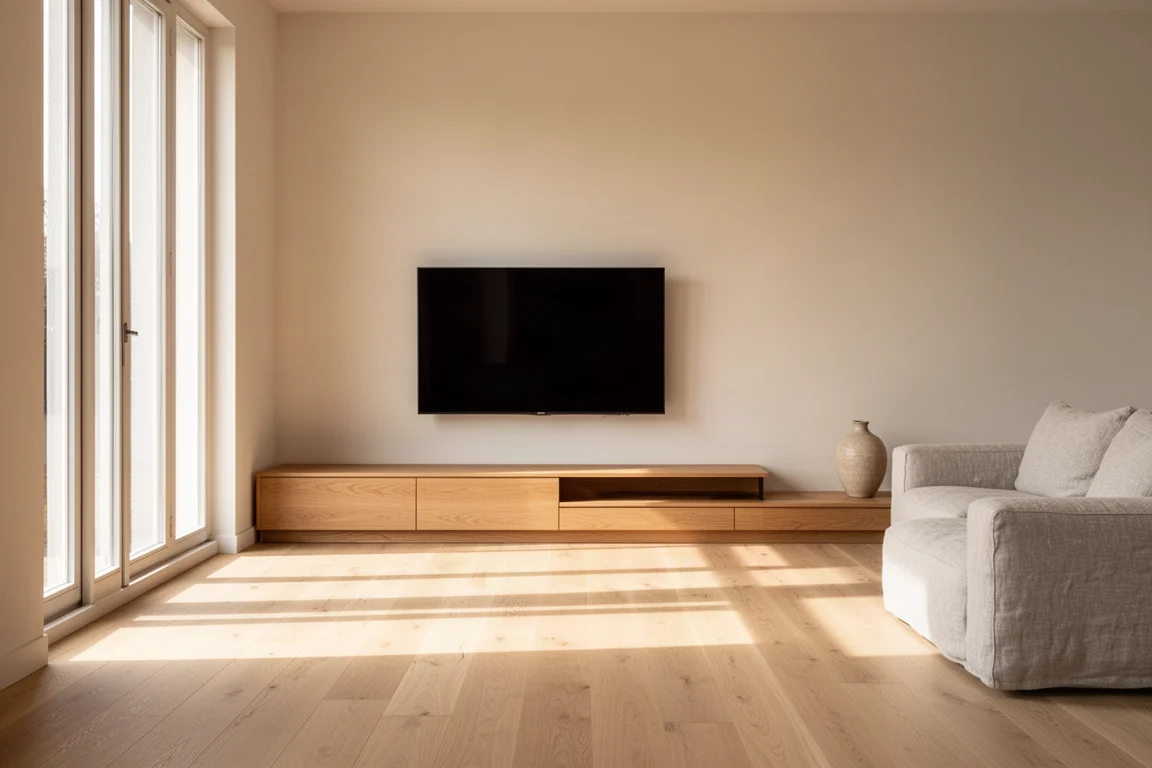 Salon moderne et lumineux avec un long meuble bas sous un téléviseur fixé au mur