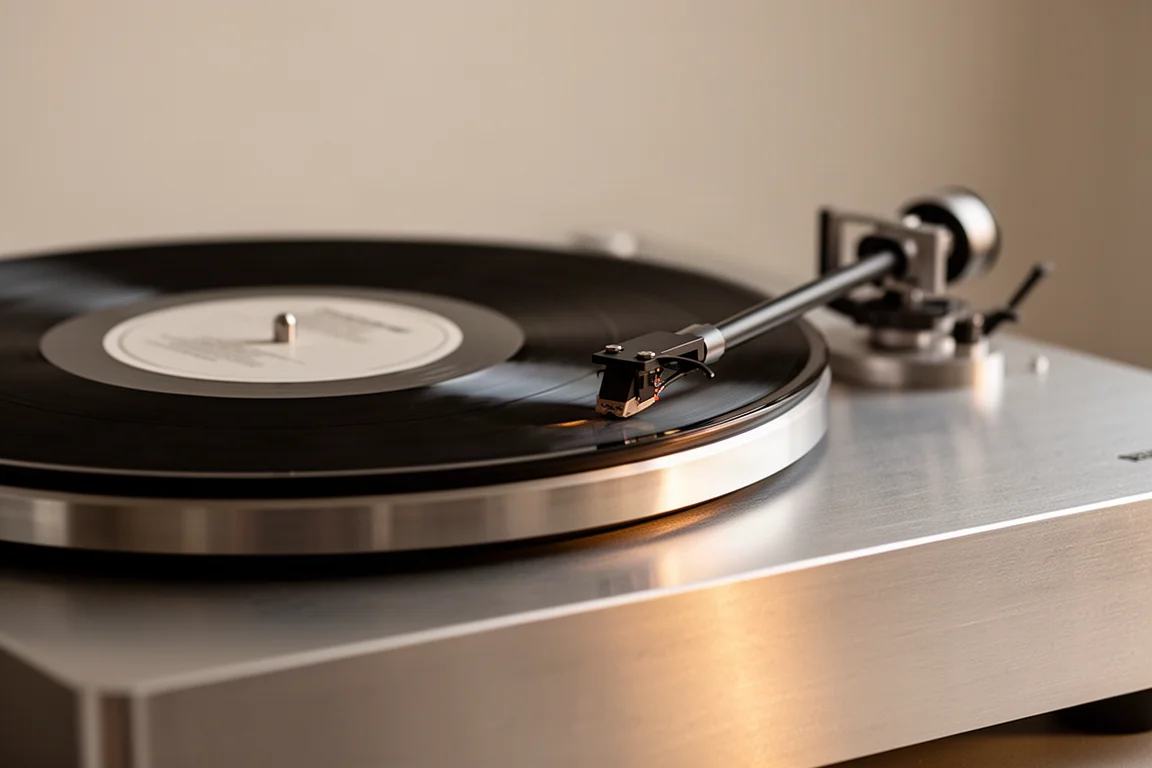 Gros plan sur le plateau et le bras d'une platine vinyle avec un disque dans une lumière chaude