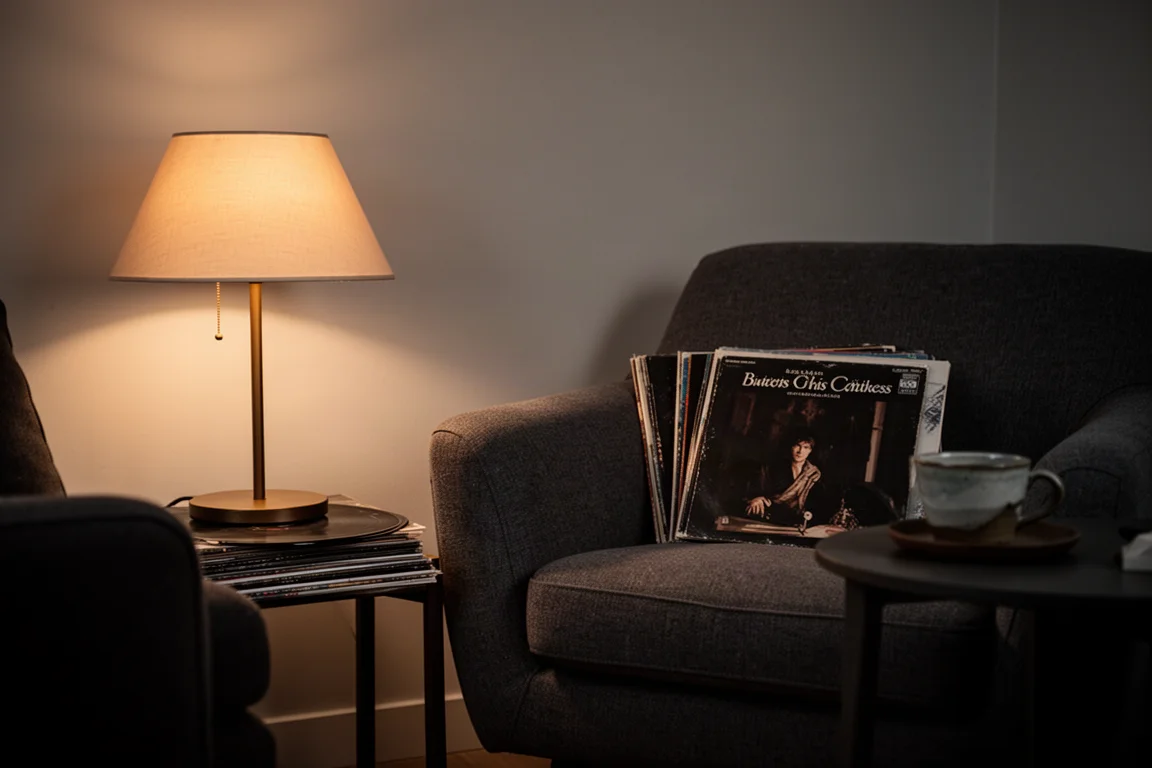 Coin d'écoute du soir éclairé par une lampe chaude, fauteuil et pile de disques vinyle