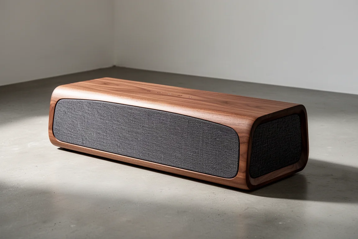 Curved Sonus faber Omnia all-in-one speaker with walnut top on a concrete surface