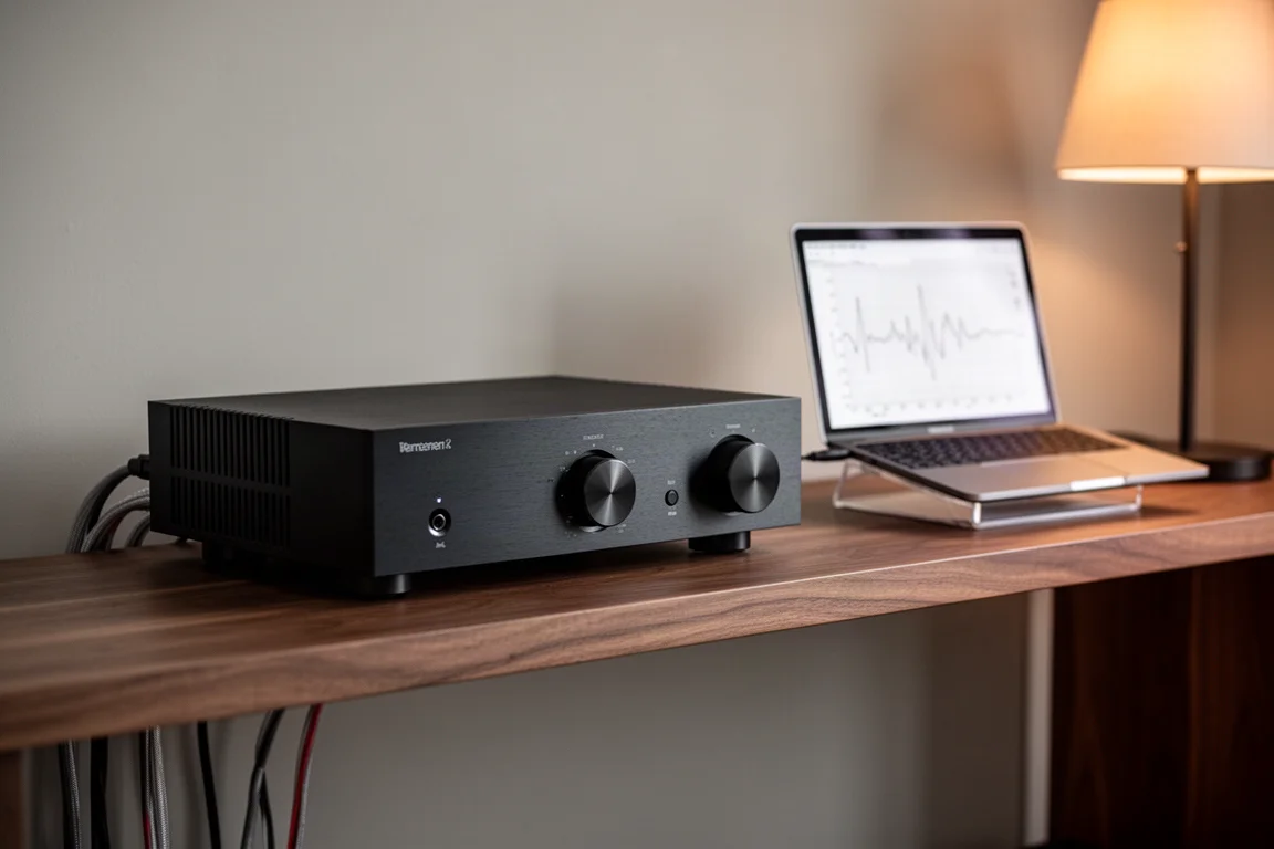 Amplificateur intégré avec câbles d'enceinte et ordinateur portable affichant un graphique audio
