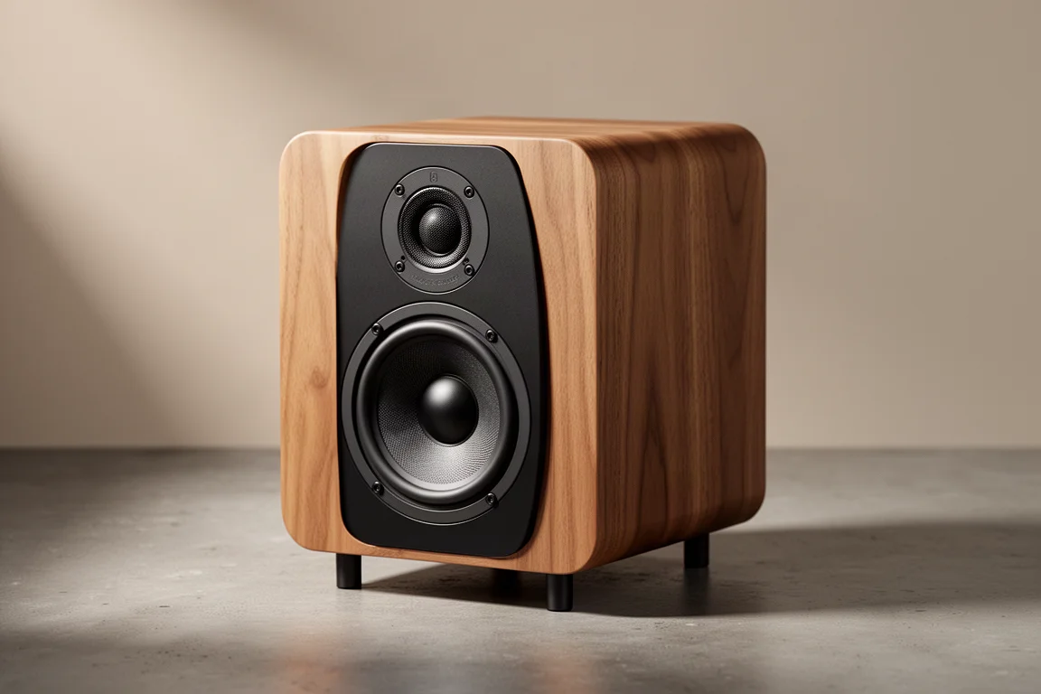 Compact walnut bookshelf speaker with black baffle on a stand against a neutral backdrop
