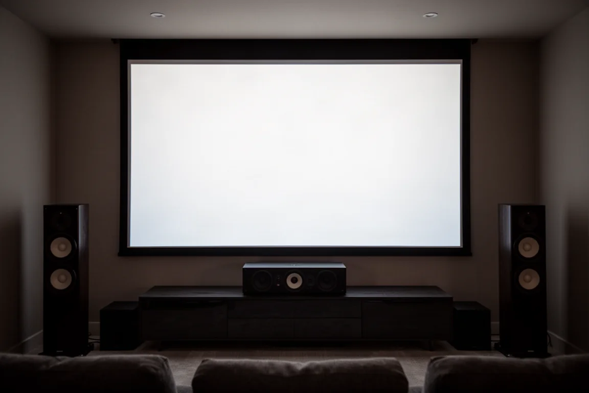 Home theater-ruimte met een center channel-luidspreker onder een projectiescherm