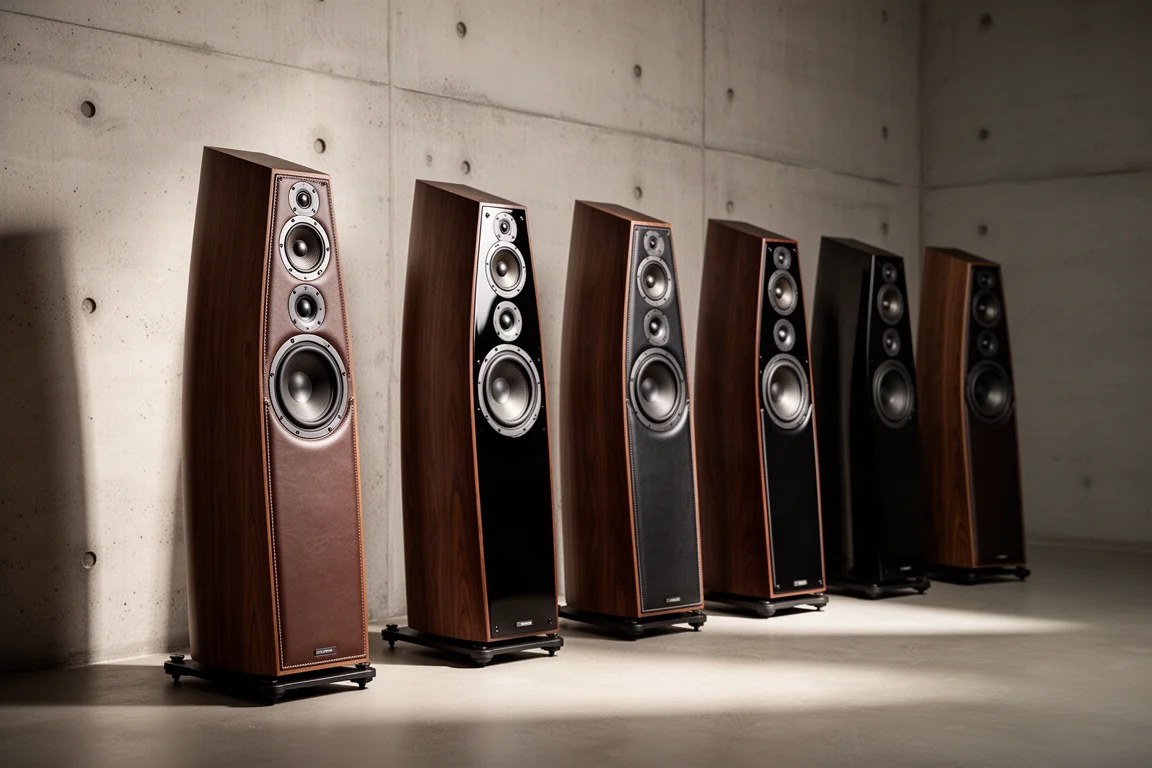 Row of Sonus Faber Sonetto G2 floorstanding loudspeakers along a concrete wall