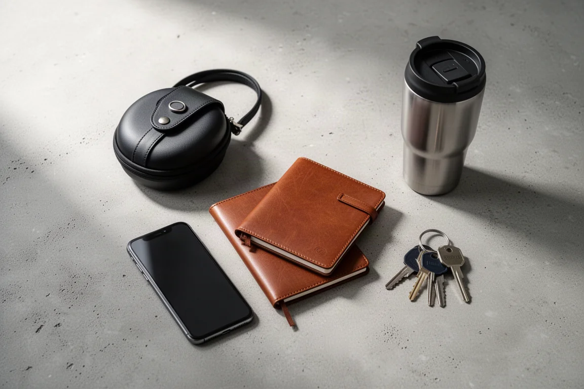 Flat-lay of commuter essentials on a concrete surface with a headphone case and notebook