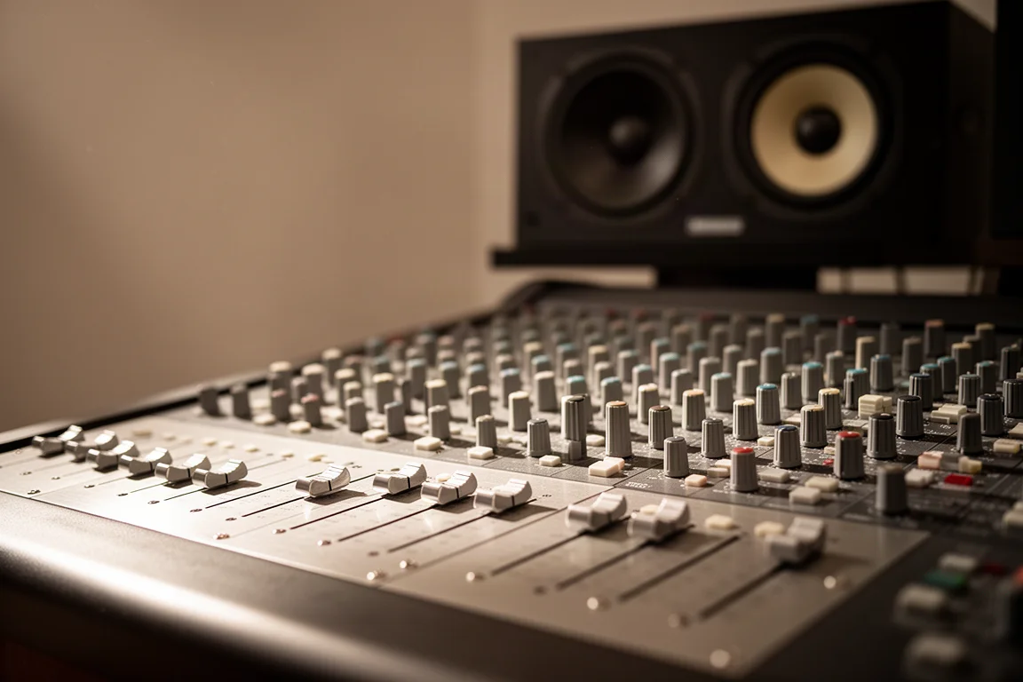 Close-up of a studio mastering console with faders and knobs in shallow focus