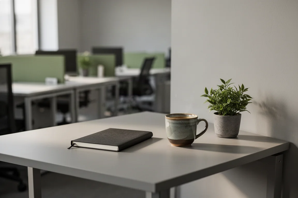 Quiet open-plan office corner with a desk, notebook, coffee cup, and plant in daylight
