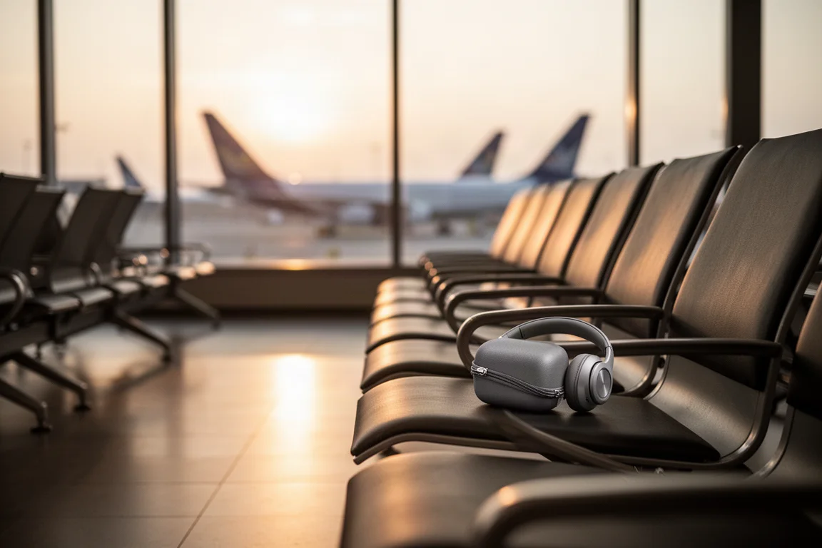 Airport departure lounge at dusk with empty seats and a headphone case on one seat