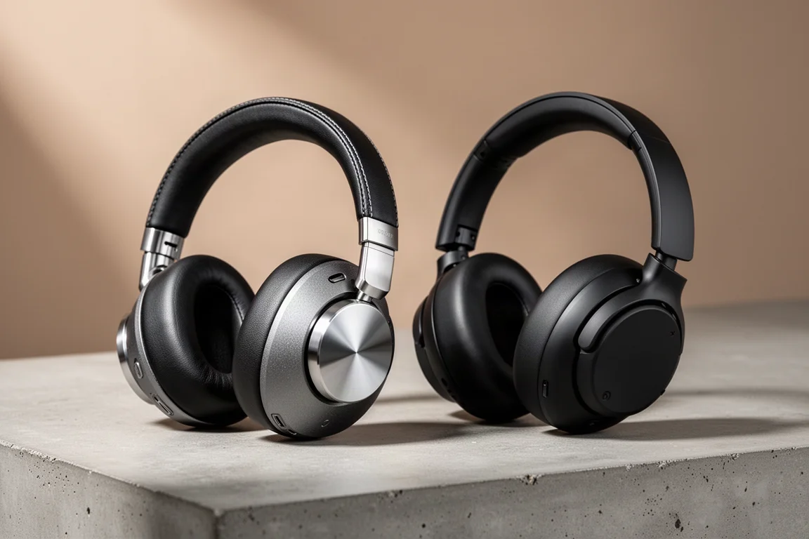 Two pairs of premium over-ear wireless headphones side by side on a concrete surface