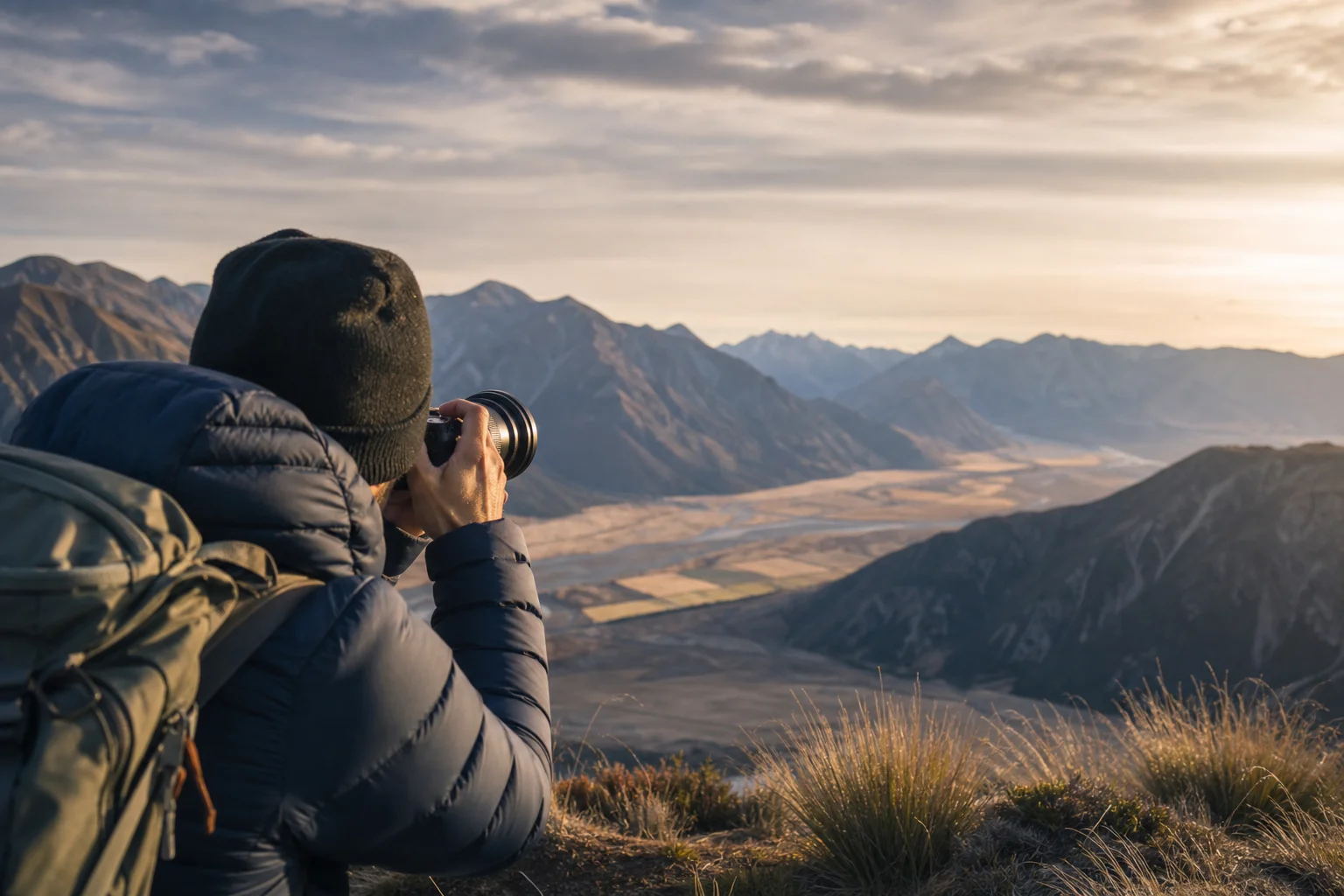 Landscape photographer composing a wide scenic mountain vista with camera and lens