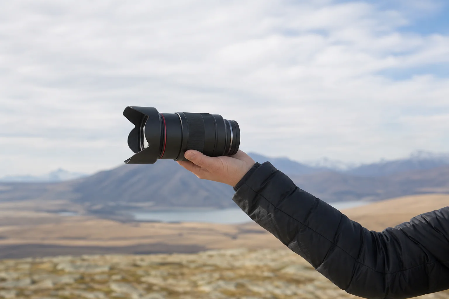 Photographer comparing lens size and weight by holding it at arm's length outdoors