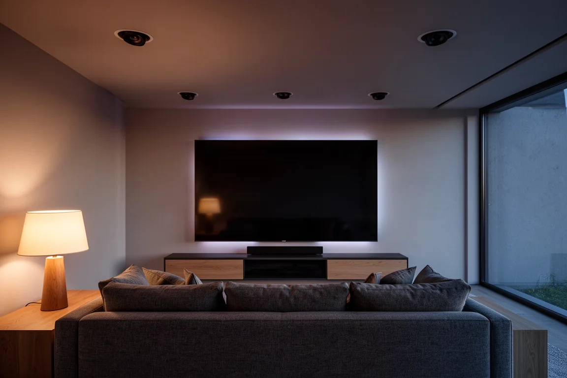 Sala de estar con cine en casa al atardecer, con altavoces de techo y una pantalla grande