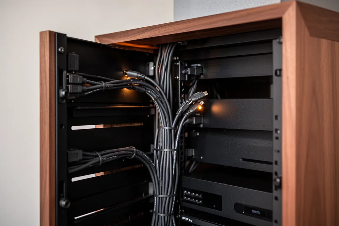 Rack de equipos AV abierto con cables bien ordenados en un mueble de madera