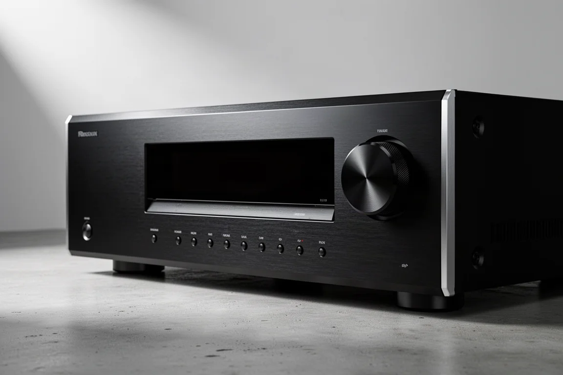 Black home theater receiver with brushed metal front panel on a concrete surface