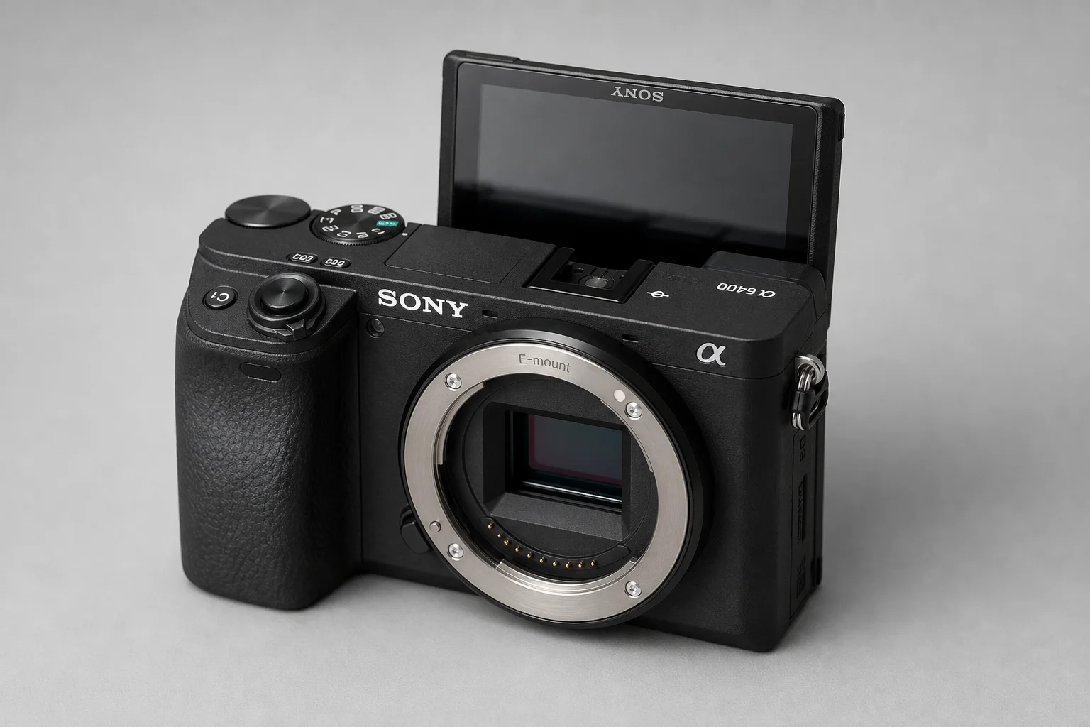 브러시드 알루미늄 표면 위에 줌 렌즈가 장착된 Sony A6400 미러리스 카메라