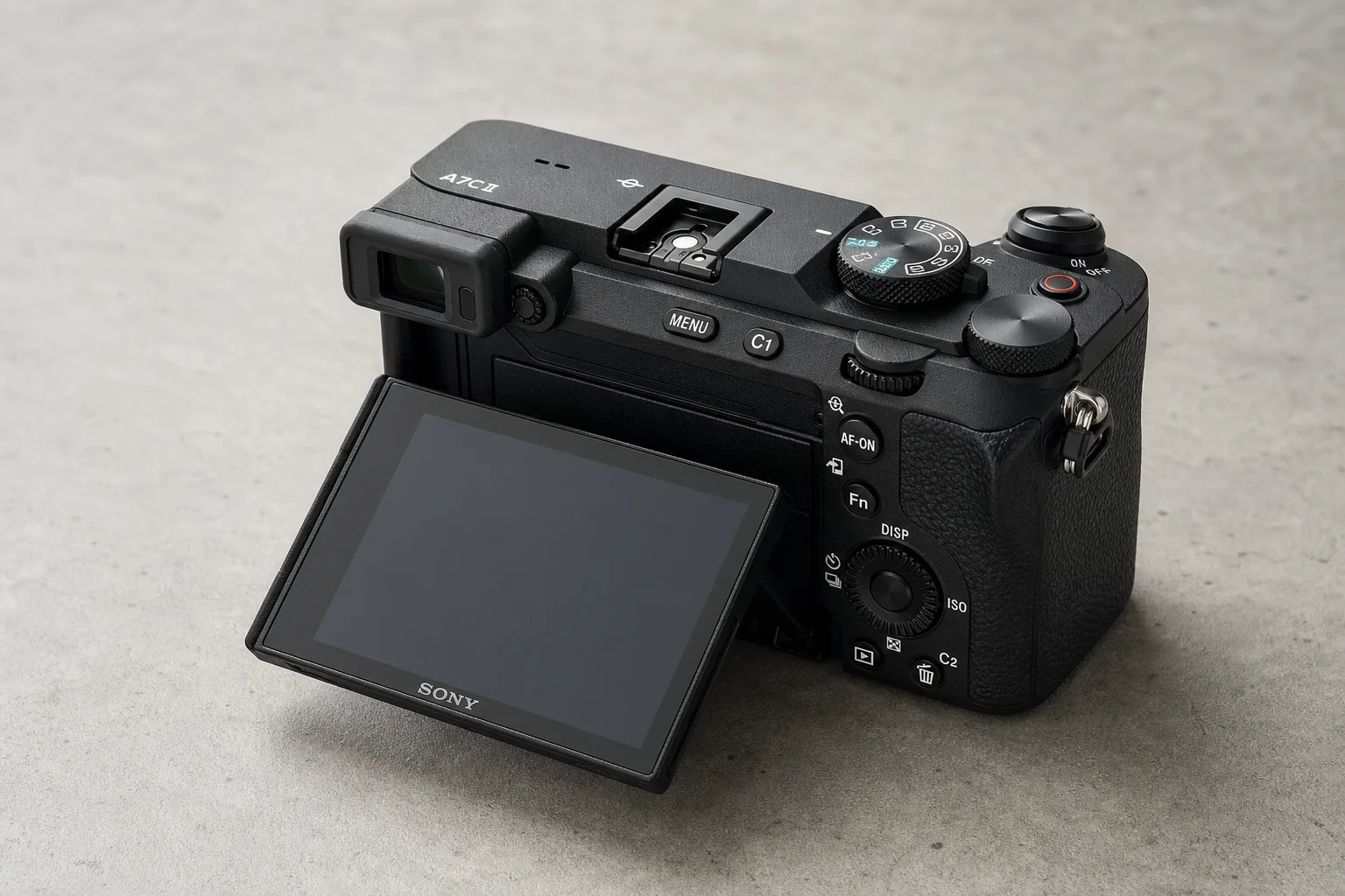 Four full-frame mirrorless cameras arranged on concrete surface