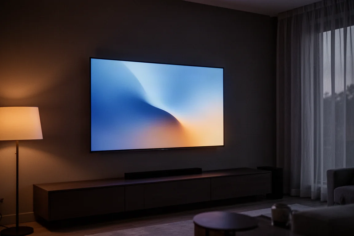Sunlit living room with a large wall-mounted flat-panel television and sheer curtains