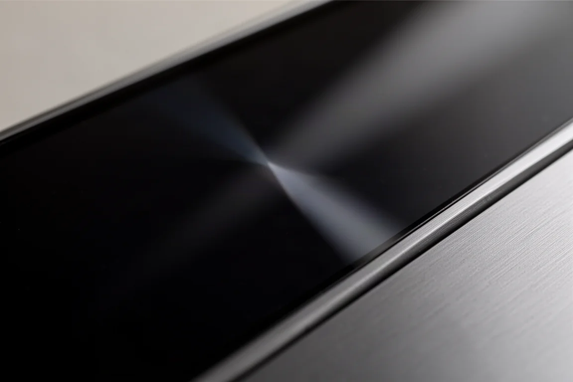Macro close-up of a thin screen bezel meeting a dark reflective panel surface