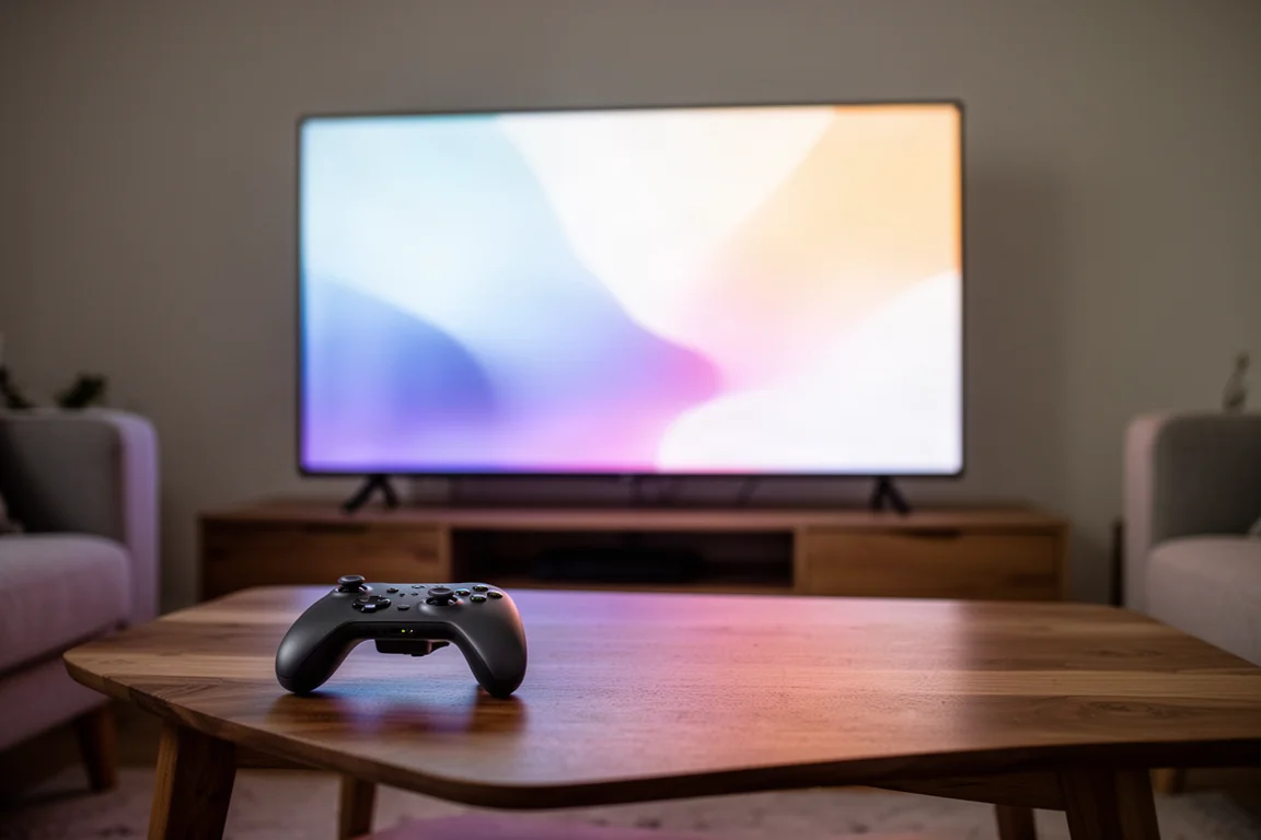 Game controller on a wooden table in front of a softly glowing television at night