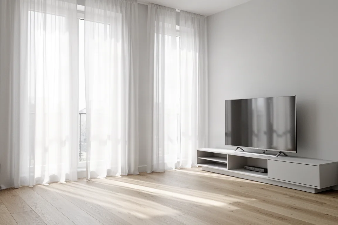 Quiet home media room with a large television, two armchairs and warm lamp light