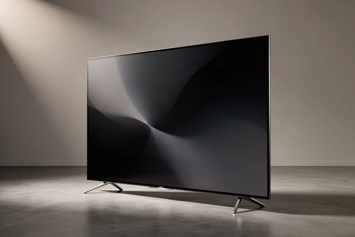 Ultra-thin flat-panel television on a matte concrete console in a bright minimal room