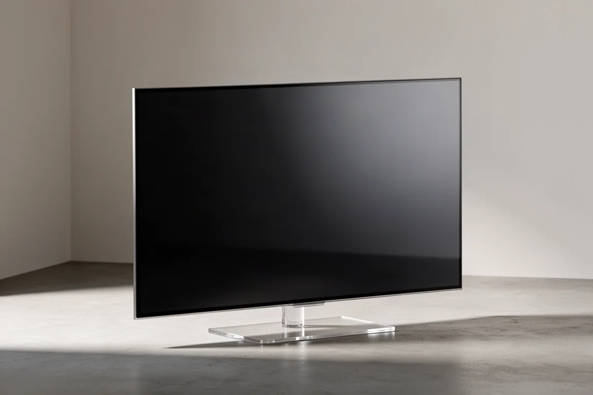 Large slim flat-panel television on a transparent stand in a minimalist room