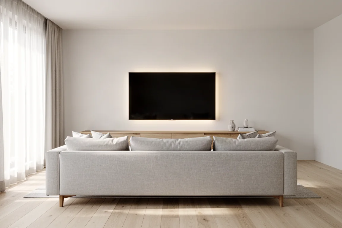 Helles Wohnzimmer mit einem großen wandmontierten Bildschirm über einer Holzkonsole und halbtransparenten Vorhängen