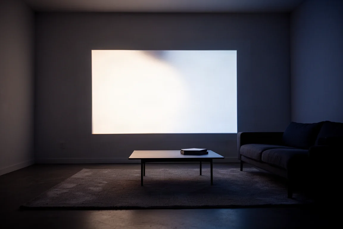 Dunkles Wohnzimmer in der Abenddämmerung, in dem ein großer Bildschirm helles Licht im Raum verteilt