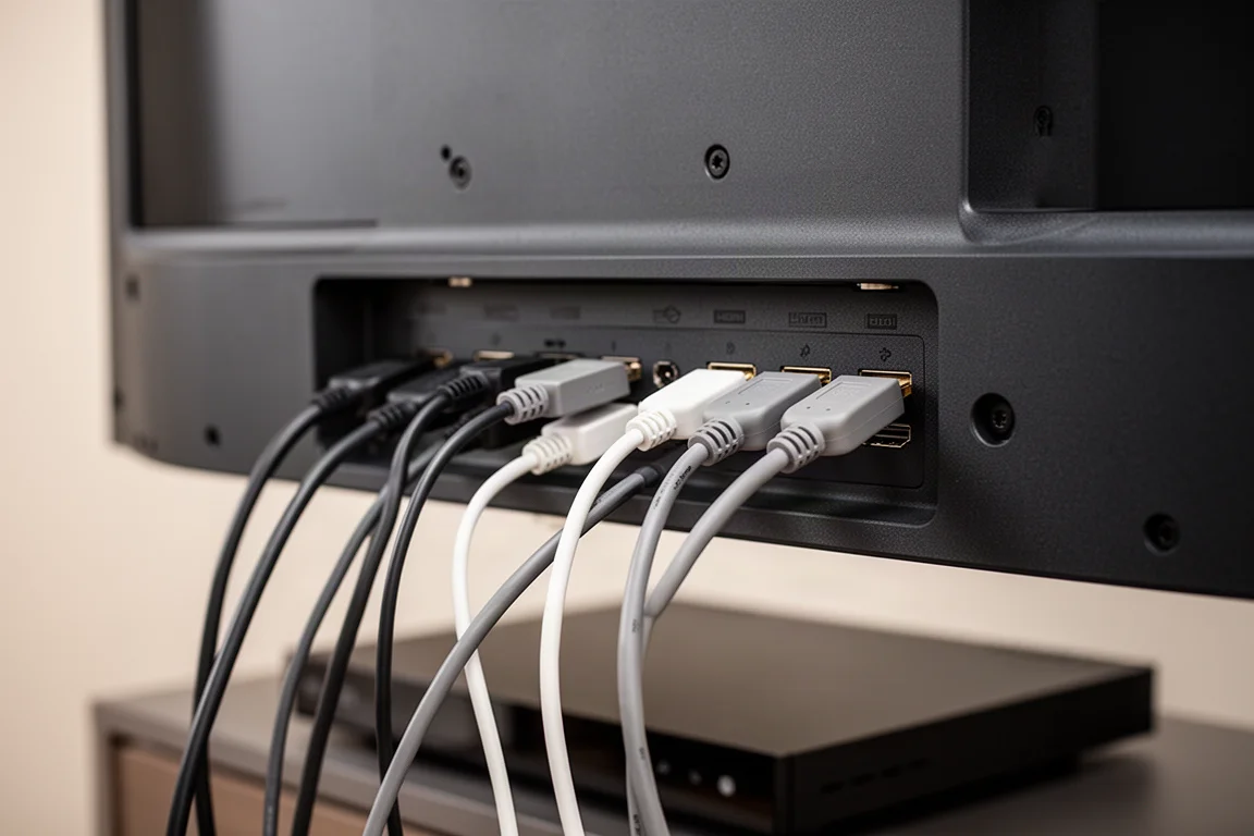 Nahaufnahme der rückseitigen Anschlussleiste eines Fernsehers mit sauber verlegten HDMI-Kabeln