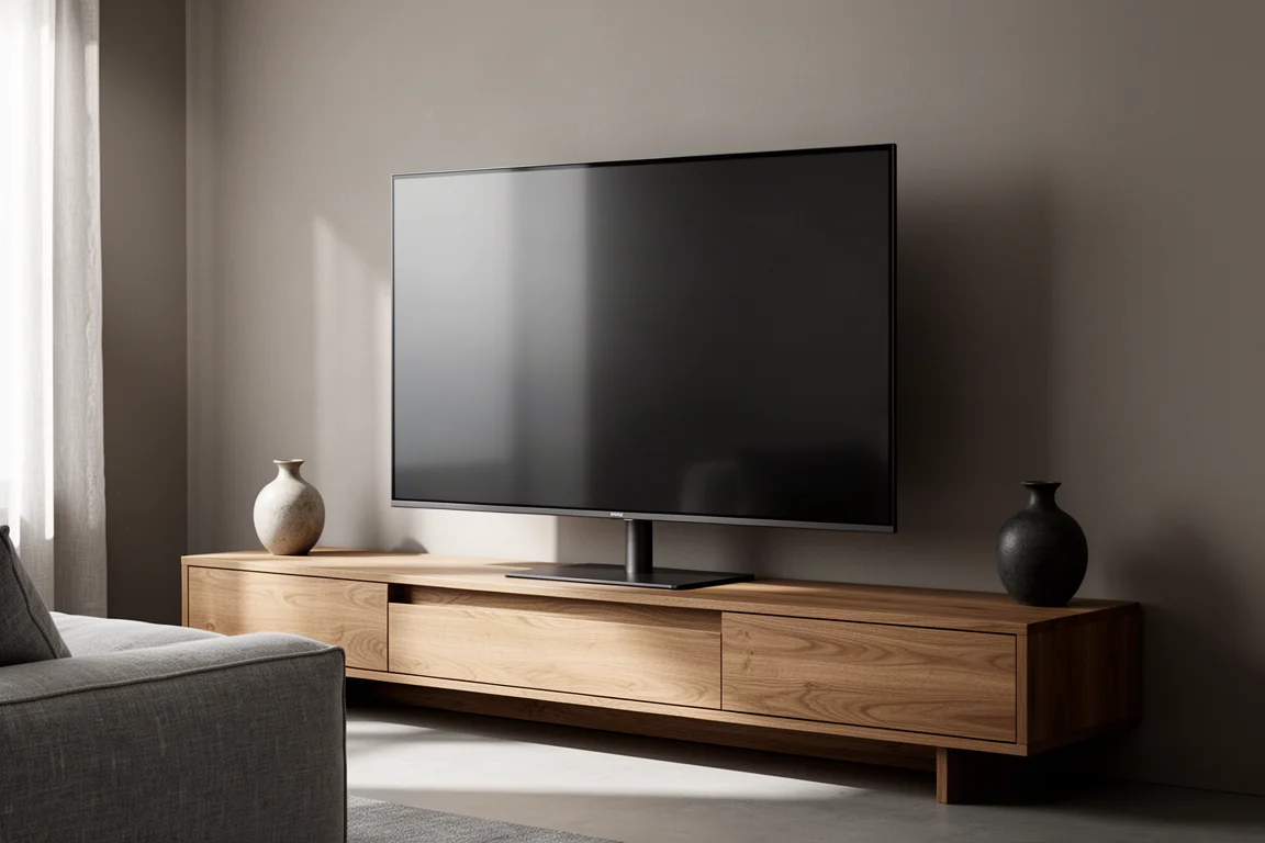 Large slim-bezel flat screen television on a low oak media console in a warm grey room