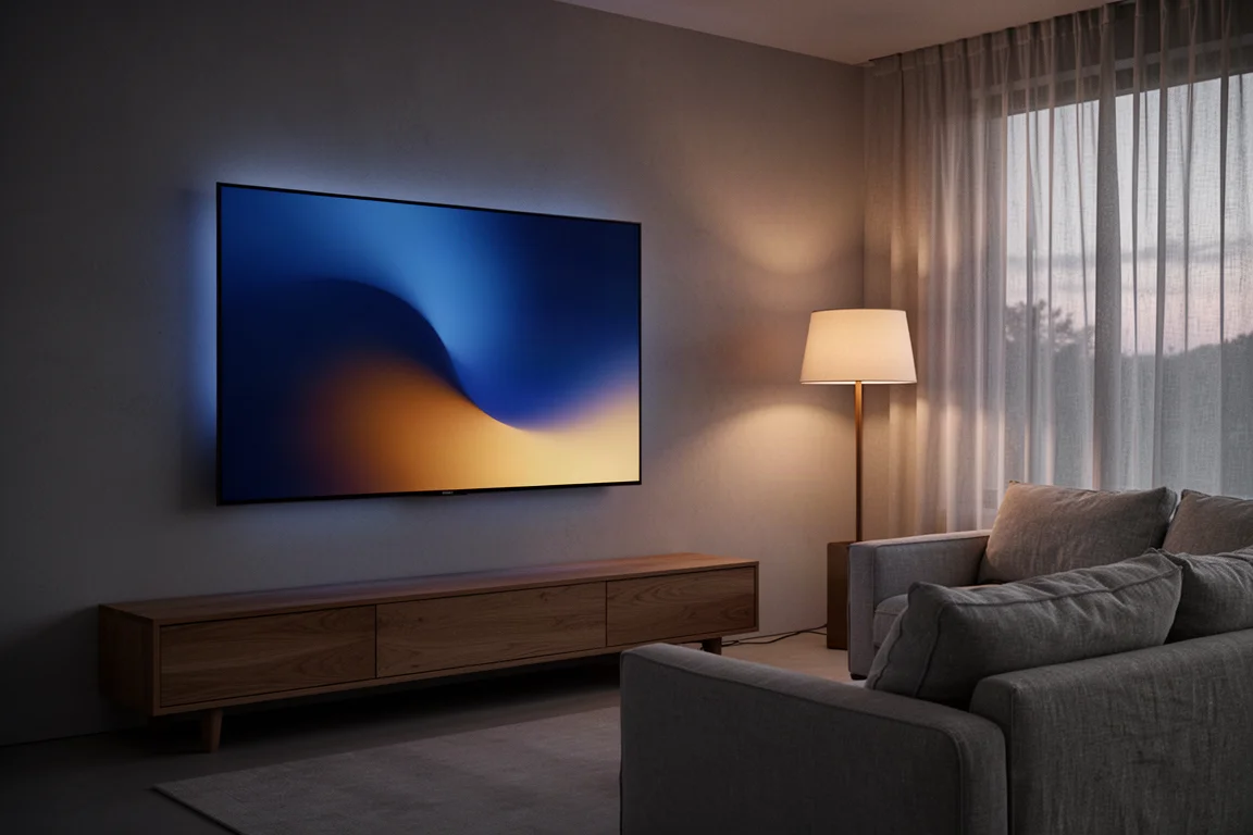 Minimalist living room at dusk with a large wall-mounted television glowing softly