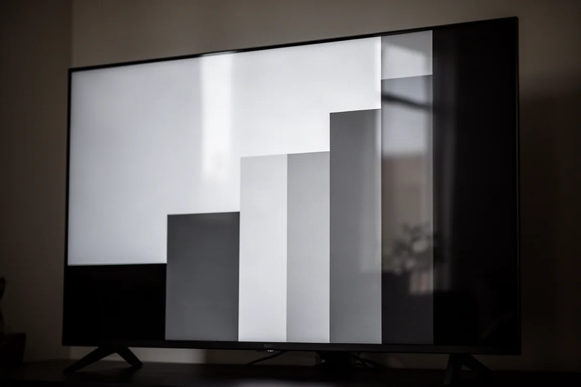Close-up of a glossy television panel showing a stepped grayscale ramp in a dim room