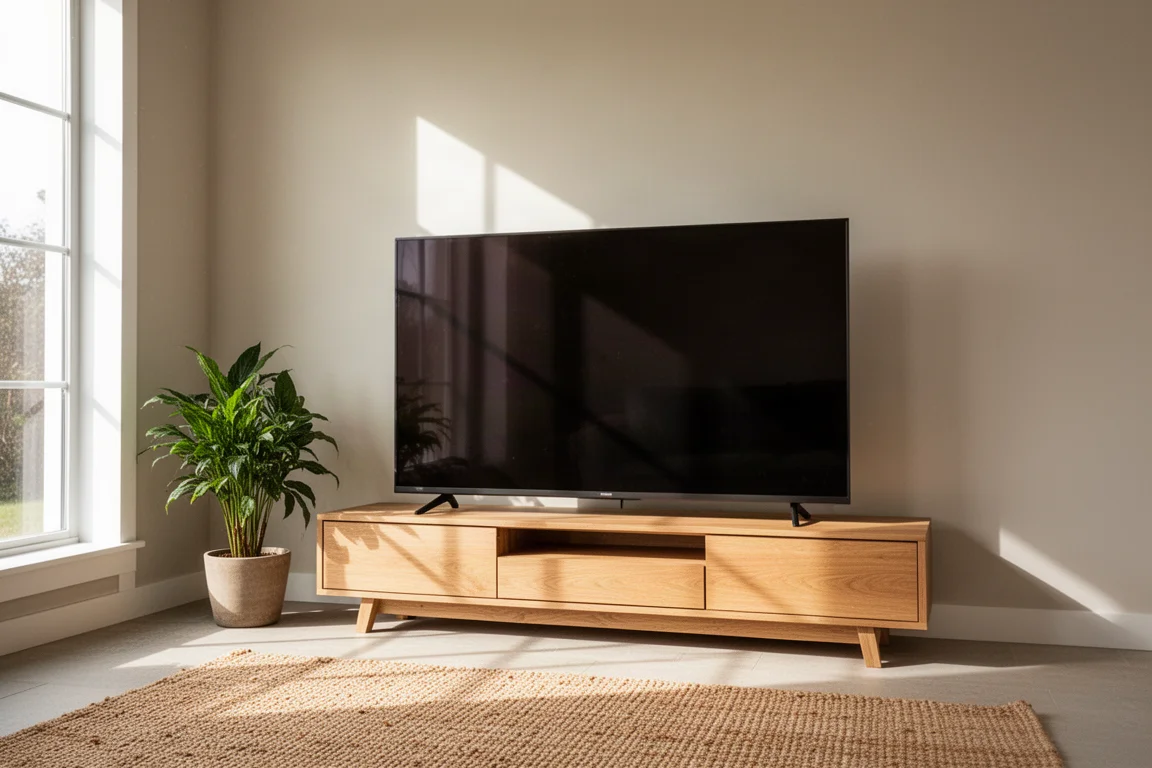 Bright daytime living room with a large television and sunlight reflecting off the dark screen