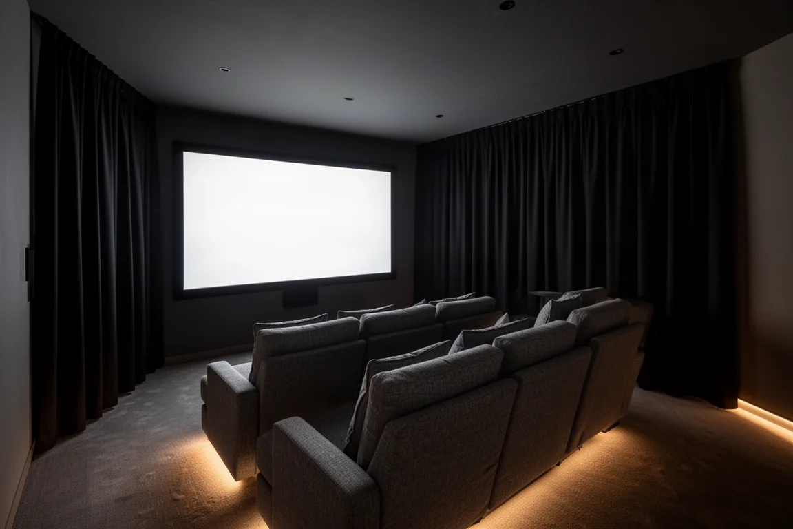 Dark home theater room with blackout curtains and a large television glowing softly