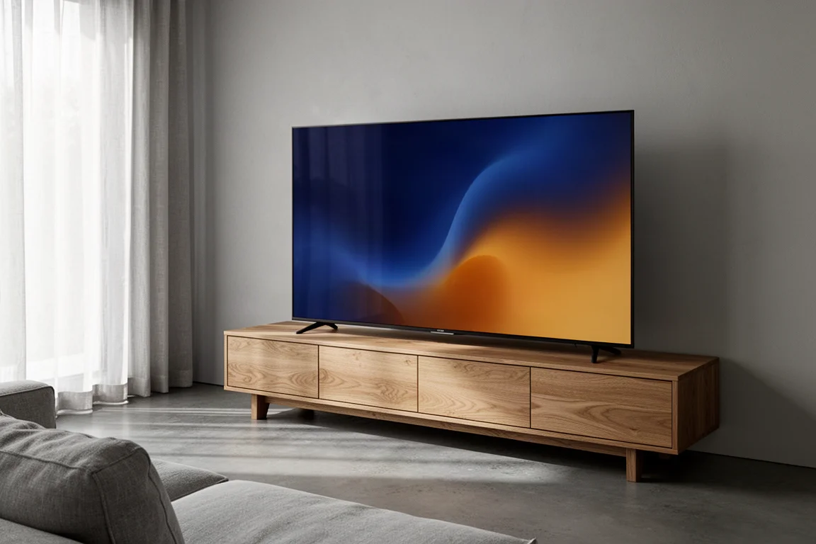 Large flat-panel television on an oak console in a minimalist living room