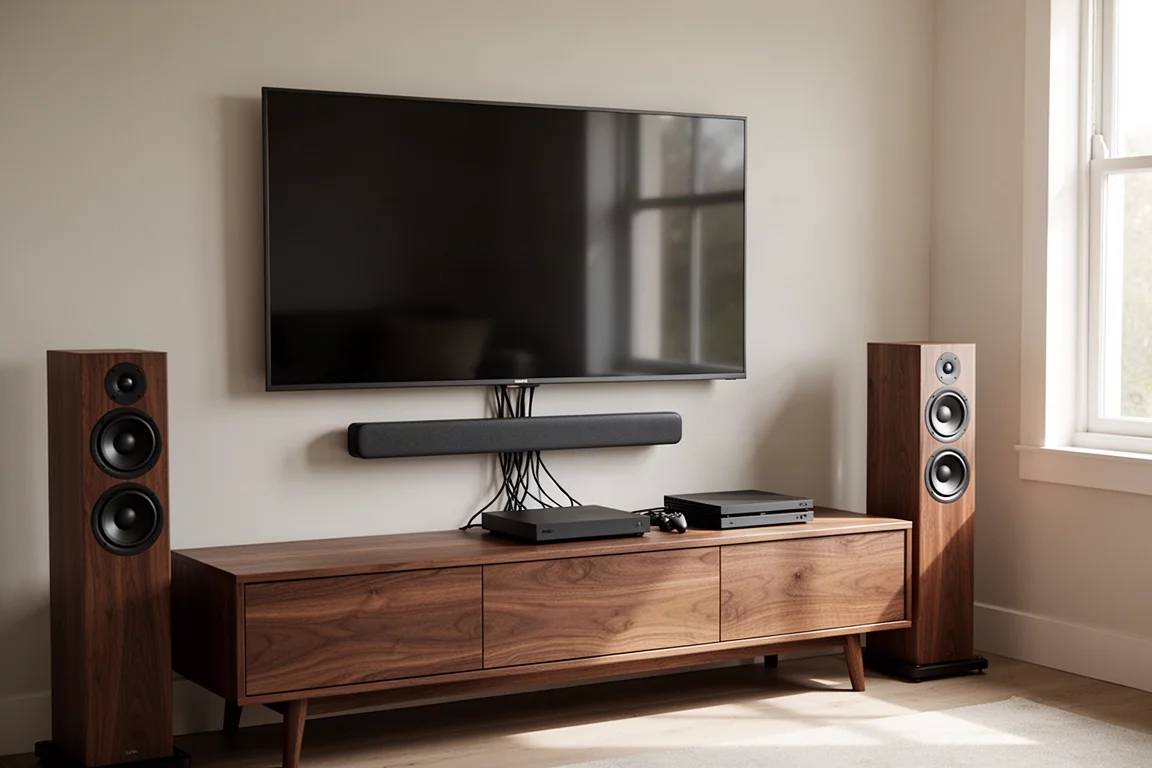 家居影音角落設有壁掛電視、soundbar、遊戲主機及座地喇叭