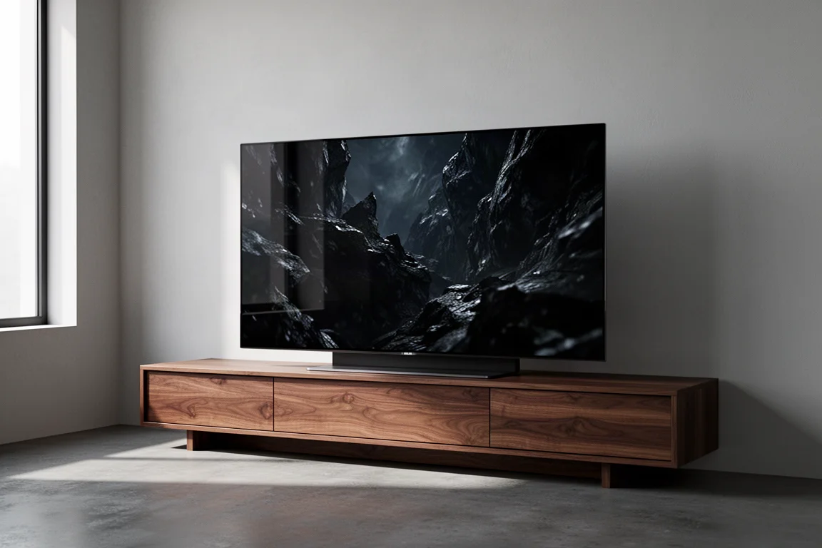 Large OLED television on a walnut console in a minimal living room