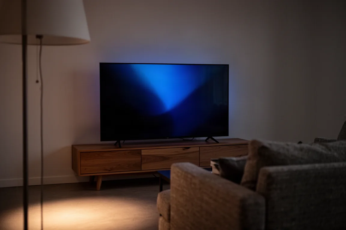 Sala de estar a oscuras por la noche con un gran televisor encendido sobre un mueble bajo
