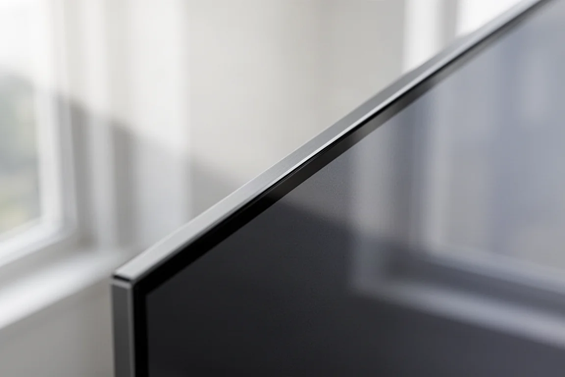 Primer plano del borde fino y el marco delgado de un televisor OLED moderno