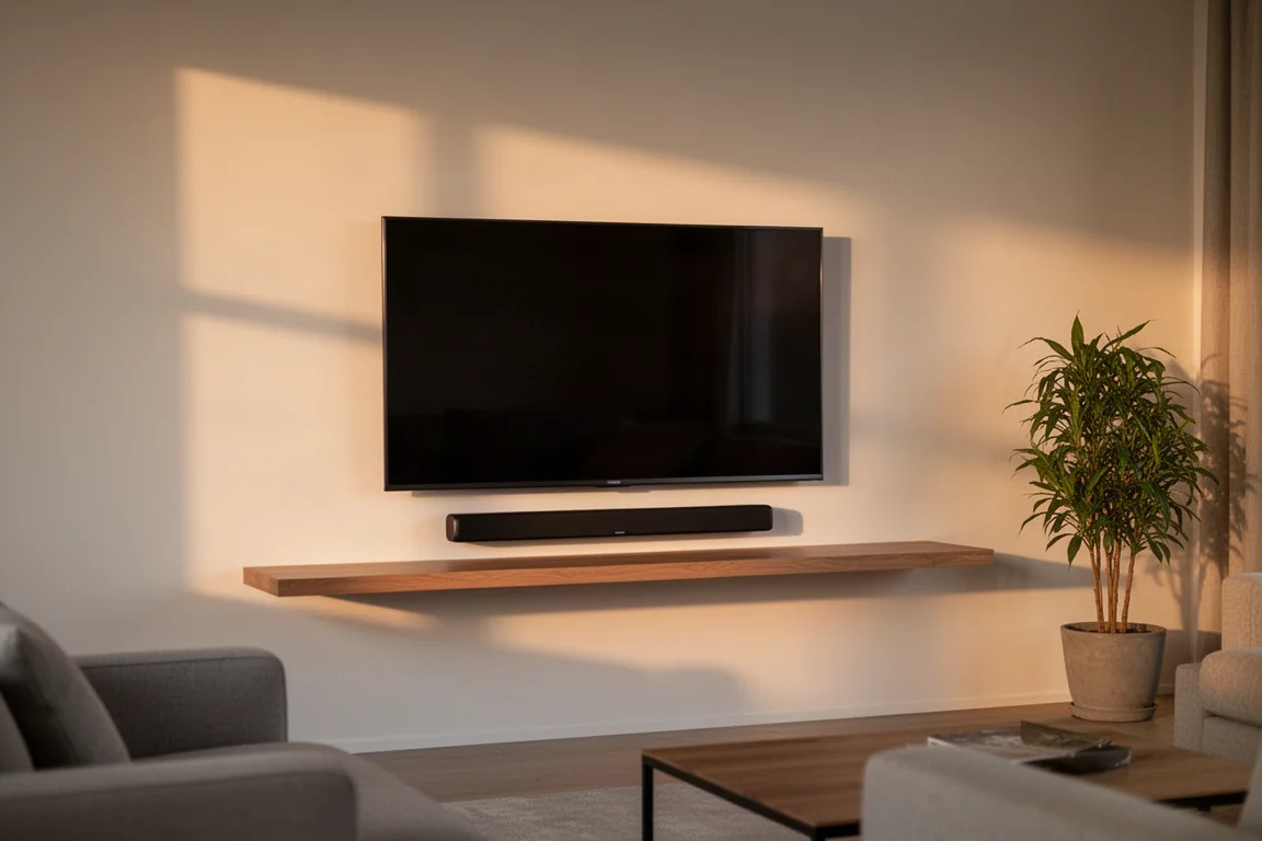 Sala de estar con un televisor montado en la pared y una barra de sonido delgada debajo
