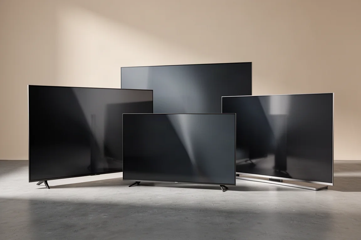 Three slim flat-panel televisions of different sizes on a neutral studio backdrop