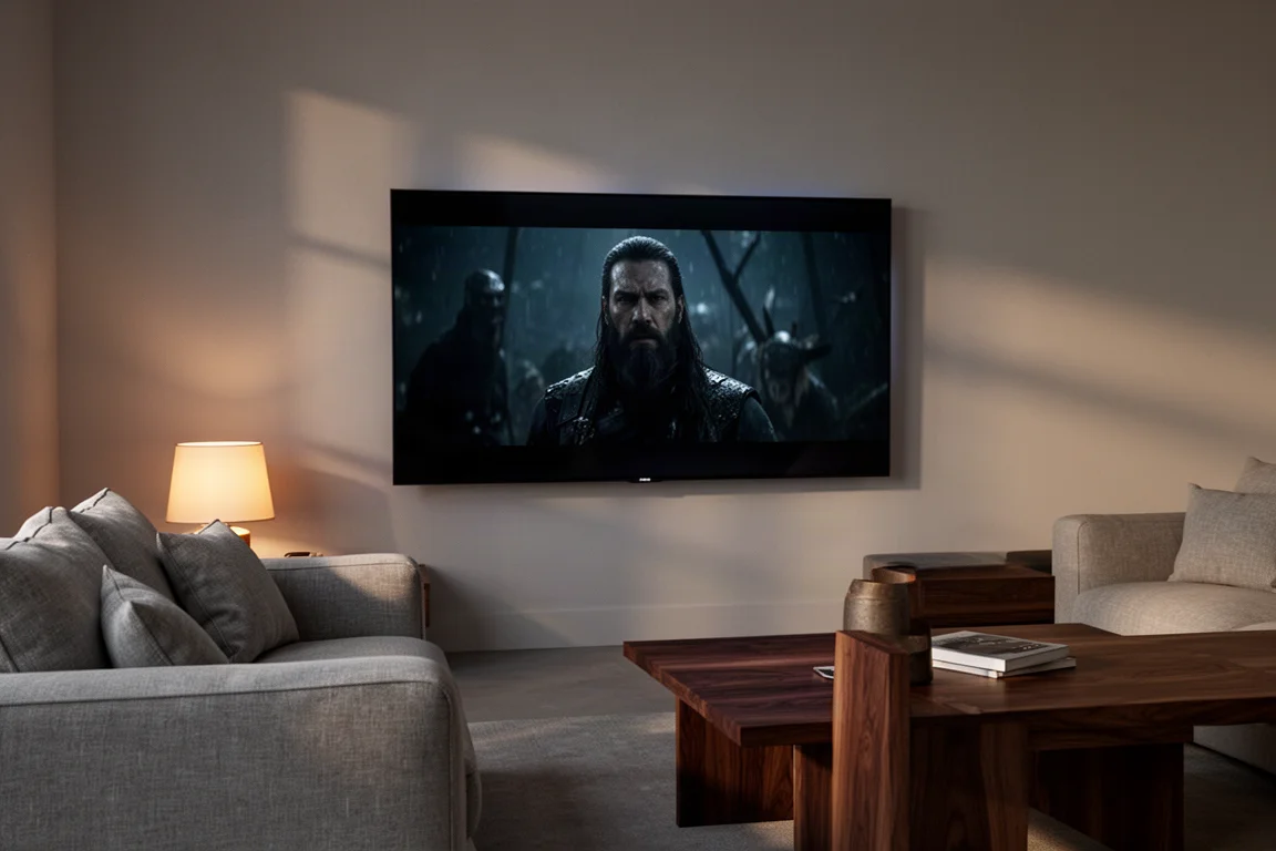 Väggmonterad stor tv som lyser i ett svagt upplyst vardagsrum med en soffa i linne