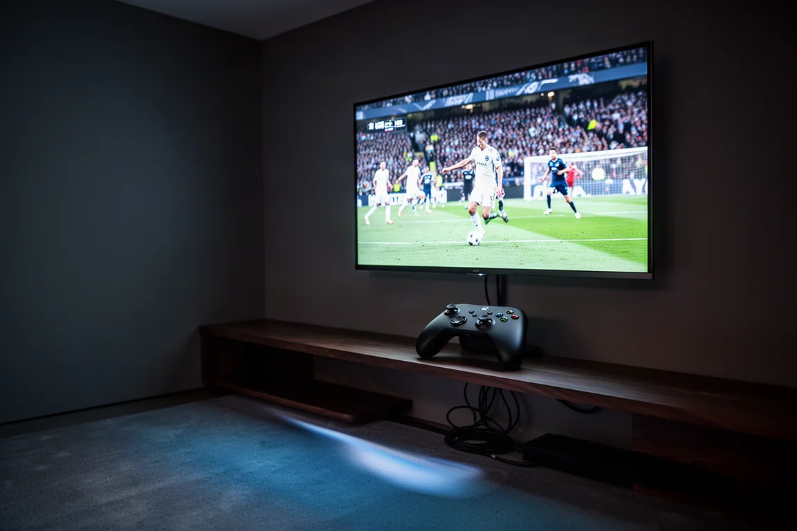 Spelkontroll under en väggmonterad tv som visar en ljus sportscen