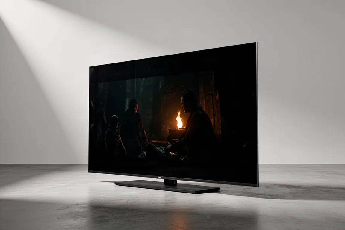 Large flagship flat-panel television on a matte stand against a seamless grey backdrop