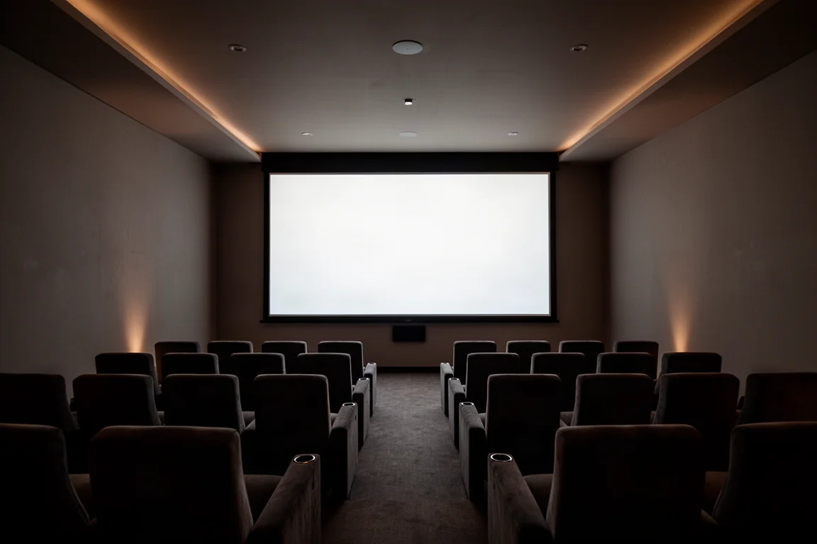 Sala de home theater com uma grande tela de projeção iluminada e iluminação ambiente suave