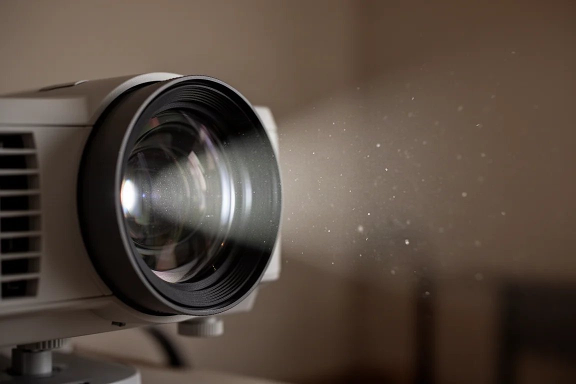 Close-up de uma lente de projetor com um feixe de luz suave em uma sala escura