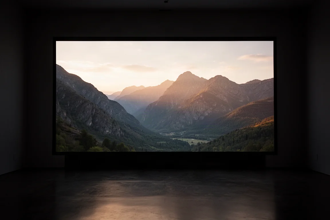Tela de projeção ampla mostrando uma cena cinematográfica em widescreen em uma sala escura